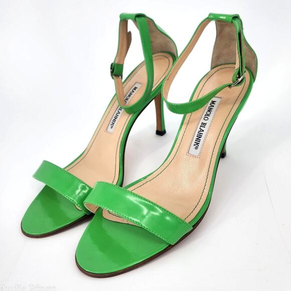 Manolo Blahnik Green Patent Leather Ankle Strap Sandals 37.5 (US 7–7.5) - Picture 1 of 16
